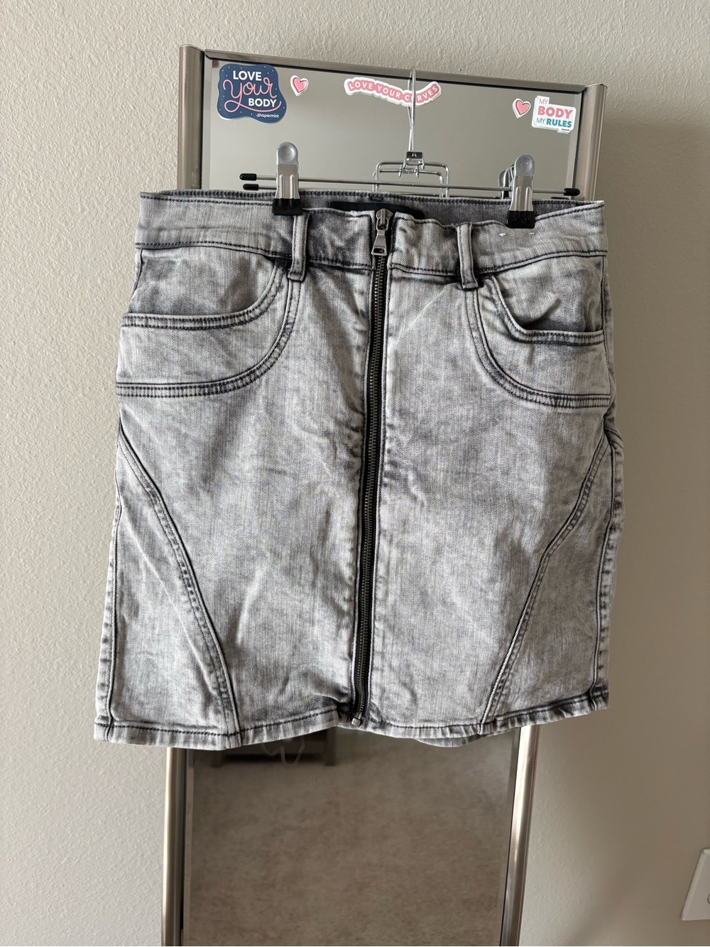 Express Gray Washed Denim Zip-Front Mini Skirt